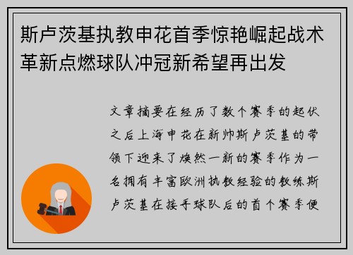 斯卢茨基执教申花首季惊艳崛起战术革新点燃球队冲冠新希望再出发 斯卢茨基执教申花首季惊艳崛起战术革新点燃球队冲冠新希望再出发