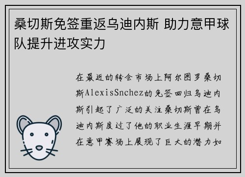 桑切斯免签重返乌迪内斯 助力意甲球队提升进攻实力